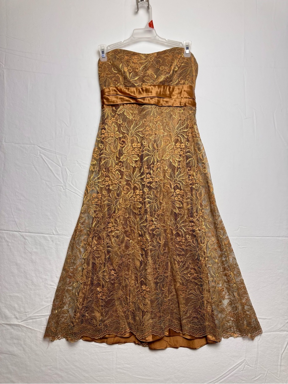 Vintage Bari Jay Strapless Lace Glam Holiday Cocktail Gown Bronze Gold 6